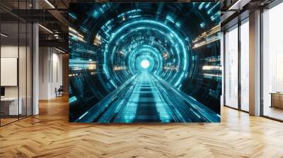 Futuristic digital tunnel with glowing lights and a vanishing point suggesting fast technology data transfer Wall mural