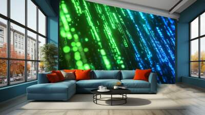 Neon glowing green and blue digital code flow abstract background Wall mural