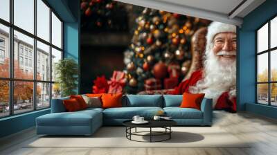 Santa Claus in a cozy armchair near Christmas tree with ornaments and glowing lights Wall mural