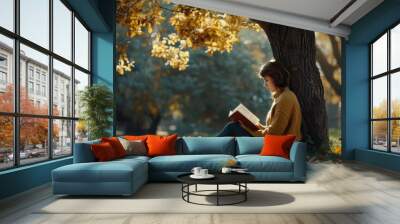 Teenage girl sitting under a tree reading a book in a serene autumn park filled with golden light Wall mural