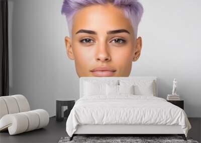 Young woman with short lavender hair wearing casual outfit on light grey background Wall mural