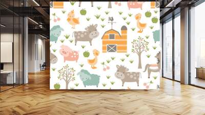 Cute baby farm animals seamless pattern with horses, cows, pigs, sheep, ducks and fun striped barns in soft muted tones.   Wall mural