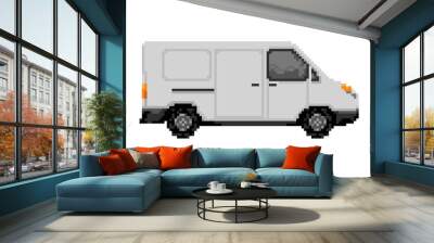 Illustration of white cargo van in pixel art style Wall mural