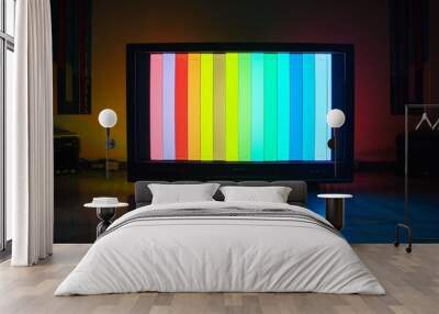 Vintage retro old 1980s TV monitor showing technical difficulties color bars on the screen. Wall mural