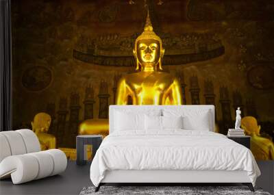 Gold Buddha statue and wall paintings in Grand Hall, Thailand Wall mural