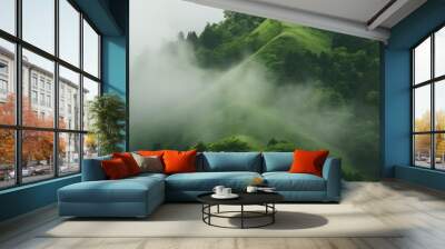 Green Hillside and Fog created with Generative AI Technology, ai, generative Wall mural