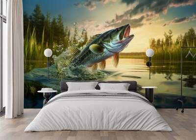 Largemouth Bass Jumping Hot Summer created with Generative AI Technology, ai, generative Wall mural