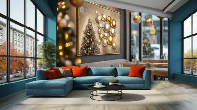 Christmas, restaurant, decorated, gold, silver, ball, holiday, festive Wall mural