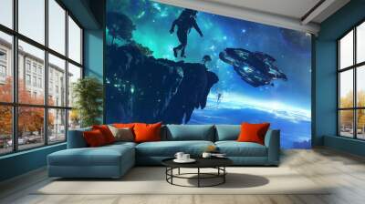 Night landscape with Silhouette of a astronaut jumping  starry night with big steampunk spaceship  Wall mural