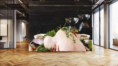 raw chicken with herbs spices ingredients, selective focus Wall mural