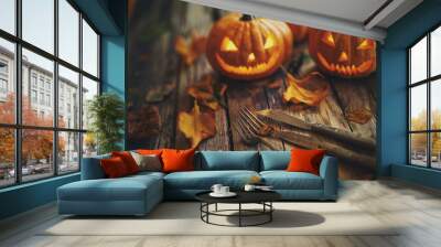 Table decorated autumn style, plate and cutlery, space for text Wall mural