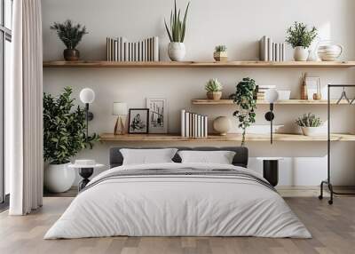 Cozy Minimalist Home Decor Shelves Displaying Houseplants and Books.Zoom Virtual Background, Cozy Interior Backdrop, Living Room Background, Virtual Meetings Wall mural