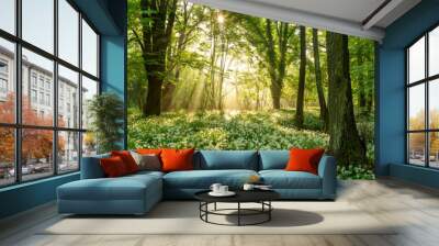 Green forest in summer at sunrise. Panorama of a secluded glade with sun rays shining onto a sea of ramsons. White bear's garlic flowers in tree shade. Wall mural