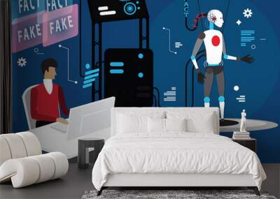 Programmer is loading fact and fake news to robot,flat vector concept illustration process of loading data to robot prepared for against the fake news Wall mural