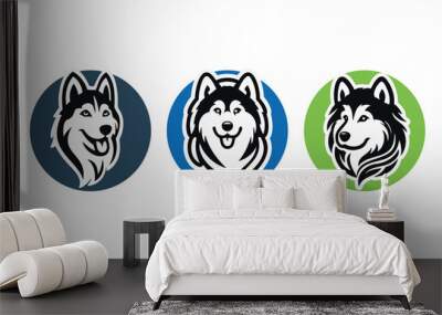 Dog logo template. Siberian husky dog silhouette head in round shape. Illustration icon design on vector white background. For brand, animal pet, t-shirt, dog club, pet shop, grooming, dog lover Wall mural