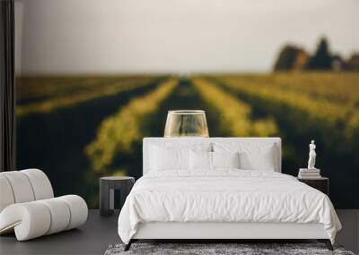 A fresh chilled glass of ice wine overlooking a Canadian vineyard during a Summer sunset Wall mural