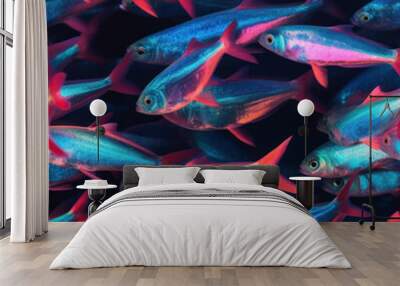 Neon Tetra (Paracheirodon innesi) pet fish schooling together in a blue fresh water background tile for use as a repeating art pattern design. Generative AI. Wall mural