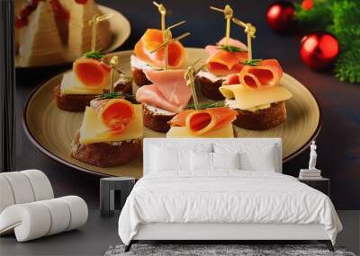 appetizing aperitifs on the plate , canape with cheese . Wall mural