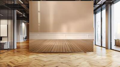 Beige wall empty apartment room with wooden floor. Copy space for product placement. Generative AI Wall mural