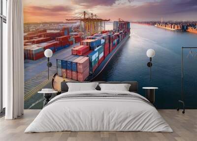 Cargo containers inspected at port for customs clearance and trade compliance. Wall mural