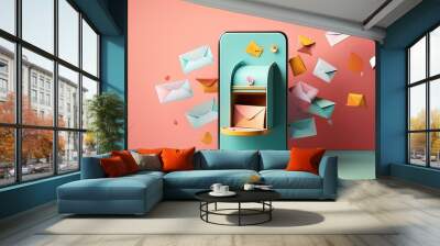 Creative smartphone mailbox with paper mail on pastel background. AI Generation Wall mural