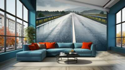 Minimalistic wet road and rain. Wet empty highway. Generative AI Wall mural