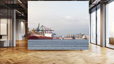 View of Santos Port Canal with anchored ships being loaded Wall mural