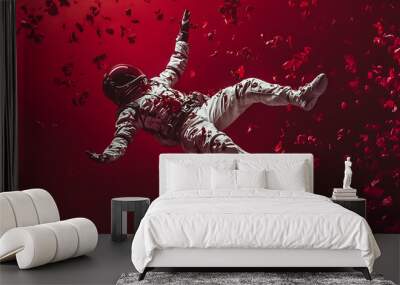 Crimson Descent: An astronaut surrenders to the pull of a crimson abyss, adrift amidst a cascade of debris in this evocative portrait of cosmic horror.  Wall mural