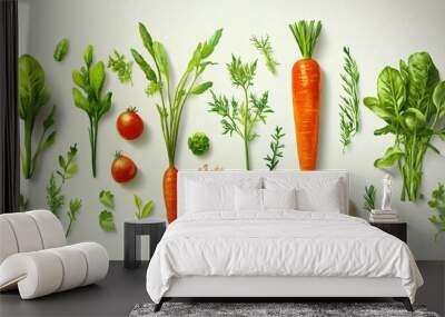 Fresh Harvest: A vibrant and colorful flat lay of fresh vegetables and herbs, showcasing the bounty of nature and the essence of healthy eating.   Wall mural