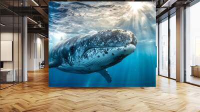 Humpback Whale Sunbeam:  A majestic humpback whale glides through the turquoise waters, bathed in the warm glow of a sunbeam.  The whale's inquisitive gaze and the sun's radiant light create a captiva Wall mural