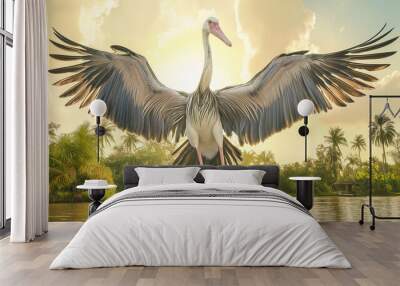 Pelican in Flight: A majestic pelican with its wings outstretched, bathed in the golden light of a setting sun.  A symbol of freedom and grace, this pelican stands majestically against a backdrop of l Wall mural