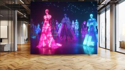 AI-Powered Virtual Fashion Show Featuring Holographic Avatars Showcasing Innovative Designs. Futuristic Runway Display with Digital Models Revolutionizing Fashion Presentation Wall mural