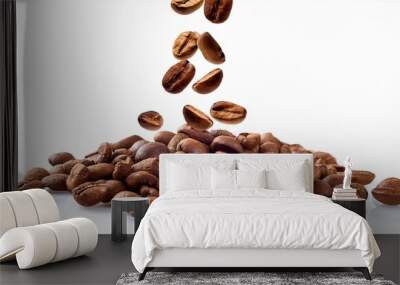 coffee beans falling in slow motion freshly roasted coffee beans on a isolated white background ideal for coffee shops cafes and beverage ads Wall mural