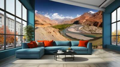 colorful high altitude mountain desert landscape panorama with river along pamir highway between murghab and ak baital pass gorno badakhshan tajikistan Wall mural