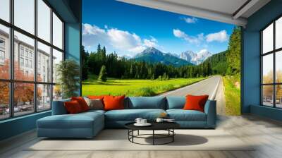 country road and green forest with mountain natural landscape on a sunny day Wall mural