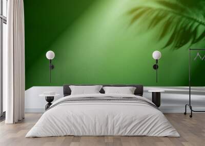 empty white table with light beam on green wall background Wall mural