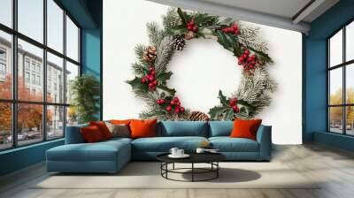 Festive pine and holly wreath with red berries and pinecones on white background Wall mural