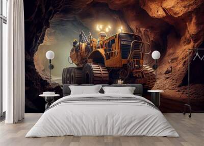 Gold mining underground digger in mineral tunnel. Generative AI Wall mural