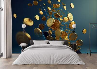 Golden coins flowing between smartphone on blue background for money transfer payment and internet application mobile banking technology concept by 3d render illustration. Generative AI Wall mural