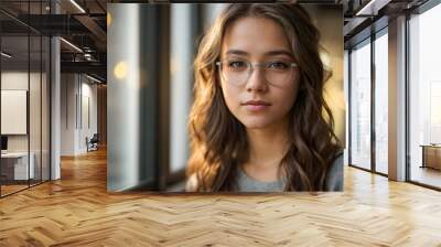 Beautiful Young Lady with Long Brown Hair Wearing Glasses and a Soft Gray Sweater Generative AI Wall mural