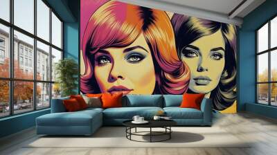 Colorful 1970's Pop Art of Two Beautiful Modern Gay Women Generative AI Wall mural