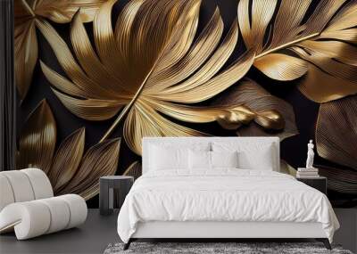 luxurious golden tropical leaves wallpaper with modern art mural design on black background Wall mural