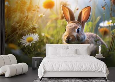 Rabbit in meadow among wild flowers Wall mural