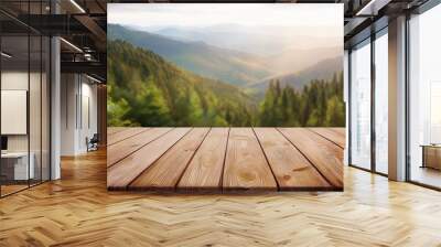 the close up picture of the empty table that has been made from the wood material and placed inside the forest and surrounded by mountain the mountain is a huge and tall landscape platform aigx02 Wall mural