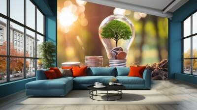 tree growing on light bulb with sunshine in nature saving energy and eco concept Wall mural