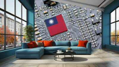 Flag of the Republic of China or Taiwan on a processor, CPU Central processing Unit or GPU microchip on a motherboard. Taiwan manufacturing chip industry emerges as battlefront in US - China showdown. Wall mural