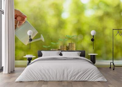 Fund investment / portfolio management for long term sustainable growth concept : Investor pours water from watering can, sprout on rows of rising coins, depicts money gain from financial investment. Wall mural