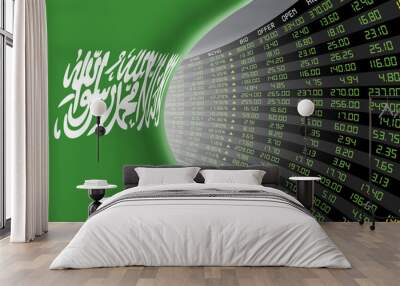 National flag of Saudi Arabia with a large display of daily stock market price and quotations during economic booming period. The fate and mystery of Riyadh stock market, tunnel/corridor concept. Wall mural