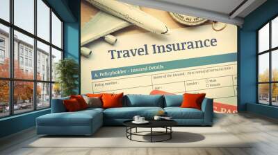 Travel insurance form put on a wood table. Many agent sells airplane tickets or travel packages allow consumers to purchase travel insurance also known as travelers insurance as an added service. Wall mural