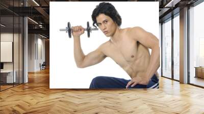 young fit man lifting weights doing bicep curls over white Wall mural